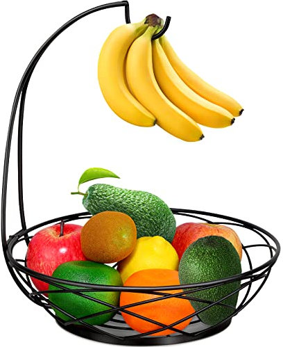Obstschale mit Bananenaufhänger - Obstkorb für Küchentheke mit Halter - Schwarz Chrom
