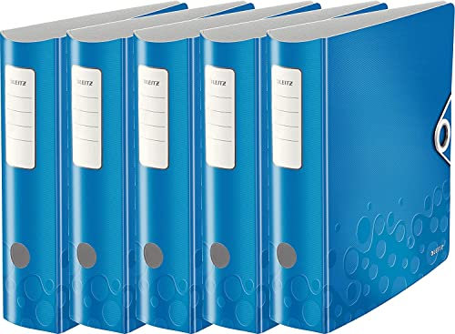 Leitz Qualitäts-Ordner 180° Active WOW, A4, blau, abgerundeter Rücken mit 8,2 cm Rückenbreite, Gummiverschluß, leichter PE-Schaum (80 mm, 5er Pack, WOW, blau)