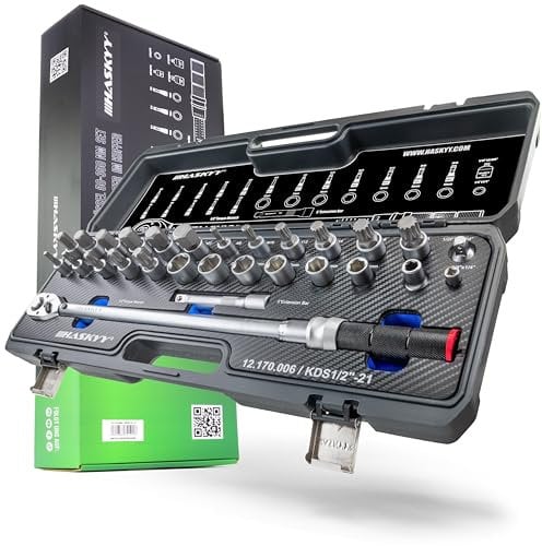 HASKYY Juego de llaves dinamométricas de 1/2 pulgadas, 50-350 Nm, coche con muchos accesorios como barra de extensión, puntas, insertos de tuerca, adaptador
