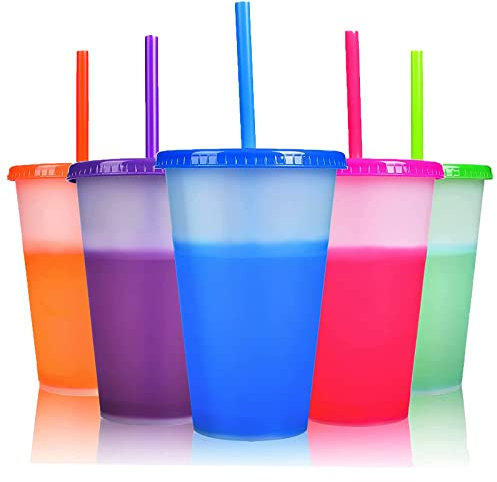 Farbwechsel Becher - 24oz Plastikbecher Trinkbecher mit Deckel & Strohhalm - 5 Stück BPA Frei Kaffeebecher to Go Reisebecher Tasse für Kinder Erwachsene Wiederverwendbar Kaltgetränkebecher