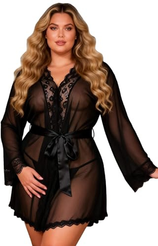 ohyeahlady Öppen kimono dam nattlinne långärmad babydoll spets med bälte badrock nattlinne