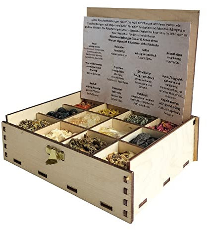 Räucherbox Geschenkbox mit 12 Sorten Räuchermischungen Trauer & Ahnen Ehren, 14 x 10 x 4 cm