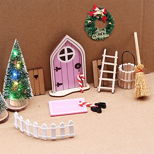 Wichteltür Beleuchtet, Wichtel Zubehör Weihnachten Haus, Feentür Set, Miniatur Wichtelhaus Bausatz Weihnachtswichtel Tür Leuchtend Holz Nissedor Lichterkette Licht Zaun Fussmatte Kranz Treppe Diy Deko