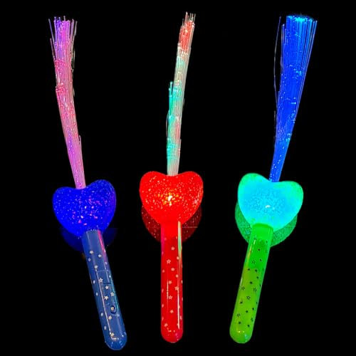 BF Souvenirs 3 Stück LED Herz Leuchtstab Glasfaser Blinkstab Partystab Leuchtwedel (36cm) in 3 Farben - Hochzeit Konzert Party (bunt)