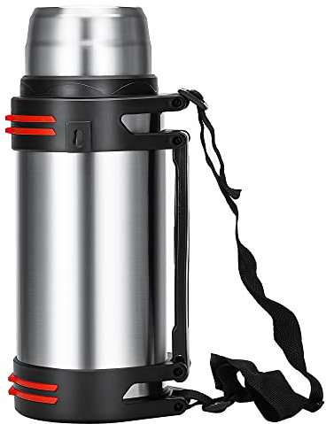 Olerd Termo de 3,0 l, termo de acero inoxidable, termo con 2 vasos, aislamiento de doble pared, botella de agua de camping con correa para el hombro y asa, 24 horas caliente y frío