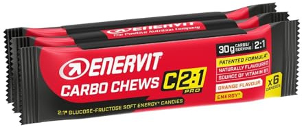 Enervit Carbo Chews C2:1PRO – Weiche Kaubonbons mit Maltodextrin, 30 g Kohlenhydraten, Orangengeschmack, für langanhaltende, intensive Ausdauereinheiten, Glutenfrei, 3 Packungen à 6 Bonbons