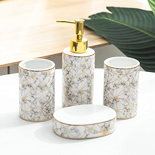RUNLAIKEJI Lot de 4 accessoires de salle de bain en céramique marbrée avec distributeur de savon, porte-savon, 2 tasses de bain