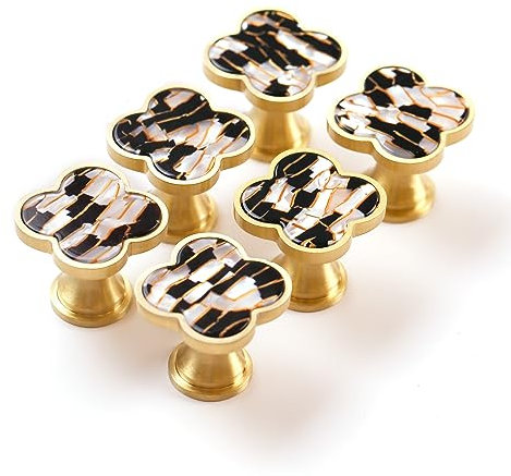 EVERGD 27mm Pure Copper Handle Shell Brass Gold Wardrobe Kitchen Cabinet Door Knobs Drawer Cupboard Hardware Pull Handle Clothes Coat Hook Modern Simple (6, Four-Leaf-Amber&Black)