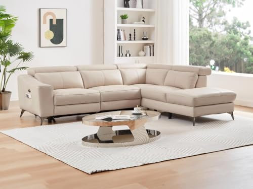 Vente-unique-Ecksofa mit elektrischer Relaxfunktion - Ecke rechts - Leder - Cremefarben - FORLO
