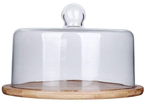 Wensmy Wooden Cake Stand With Dome Lid Glass Dome and Wooden Base Dessert Tray Cake Plate - Square and Round Cupcake Plate With Lid Salad Bowl Snack Tray Serving Platter For Wedding Party (21.5cm)