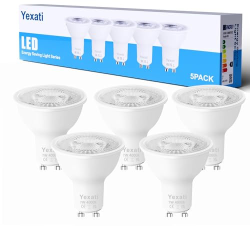 Yexati LED-Leuchtmittel, GU10,7 W (entspricht 50 W Halogen), ohne Flackern, Spot 550 Lumen, naturweiß, 4000 K, nicht dimmbar, AC 220 – 240 V, Abstrahlwinkel 120 °, 5 Stück
