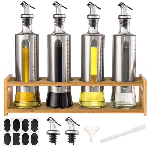 YBCPACK Lot de 4 Bouteilles d'Huile et Vinaigre Avec Support en Bambou - Distributeurs Vides 500 ml, Bec Verseur, Entonnoir, Étiquettes et Stylo