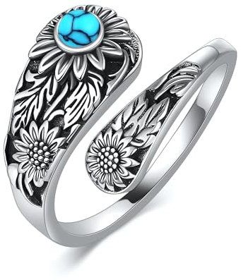 Sunflower Spoon Rings 925 Sterling Silver Adjustable Vintage Boho Turquoise Sunflower Thumb Rings Sunflower Jewelry Flower Birthday Gifts for Women Girls