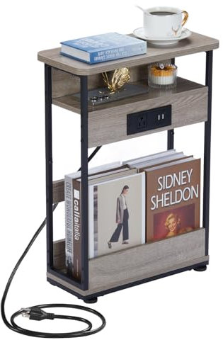 YEAKOO Narrow Side Table With Charging Station, 3 Tier End Table with 2 USB Ports & Power Outlets,Slim Sofa Side Table for Narrow and Small Spaces, Bedside Table Nightstand for Living Room