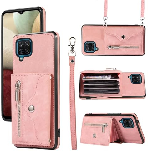 Asuwish Handyhülle für Samsung Galaxy A12/M12 Hülle mit Band Kartenfach Klappbar Geldbörse Ständer Handyhüllen Cover Leder Kette A 12 Nacho 4G 5G Handy Hüllen Schutzhülle Damen Phone Case Roségold