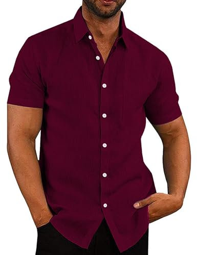 COOFANDY Mens Short Sleeve Shirts Casual Summer Shirts Holiday Shirt Beach Shirt Wine Red XL