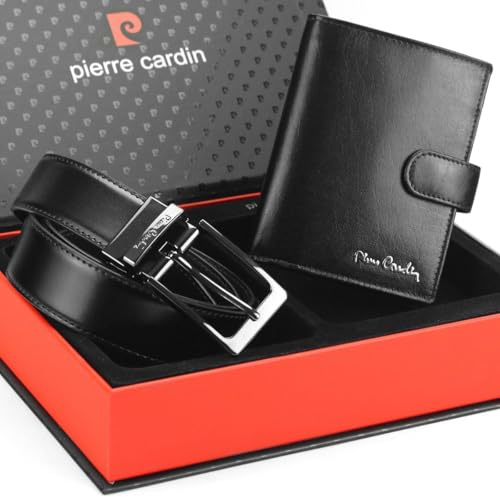 Pierre Cardin Herren Geschenke Set: Brieftasche und Gürtel, Portemonnaie Natural Leder 25,5 x 19,5 cm, Elegant Ledergürtel, Schwarz - Gürtelgröße: 125 cm, ZG-EX-125