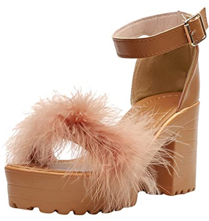 Damen Sandaletten Sommer Mit Absatz | Absatzschuhe Elegant Wasserdicht Dicke Sohle Blockabsätze Mit Fell Sandalen Catwalk Schuhe Peeptoe Sandalette Schöne Keilsandaletten Mit Schnallen Sandals