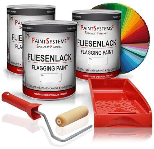 PAINTSYSTEMS REFINISH COLOURS 3x1 Liter Fliesenlack Set Weiß RAL 9010– Inklusive Lackierwanne und Lackierwalze – Hochwertiger Fliesenlack für eine makellose Renovierung