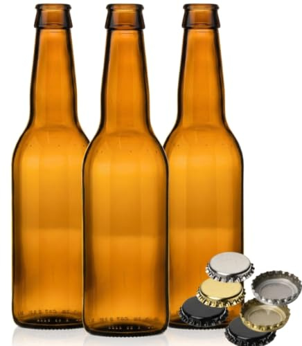 330ml Amber Glass Beer Bottles with 26mm gold Crown Caps (100 Pack) | Homebrew Bottling for Ale, Lager, IPA & Cider | J&B