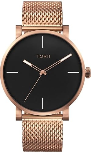TORII Herrenuhr Schwarz Edelstahl - rund Quarz R45RG.B5 Milanaise-Armband Strichindizes wasserdicht 100 m