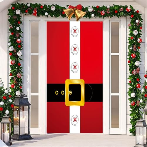 Surwin Forro Puerta Navidad, Adornos Navidad Decoración de Cubierta de Puerta de Navidad, Decoracion Navidad Entrada Interior Casa para Navidad, Clásico Pancarta de Navidad (90x200cm,Rojo)