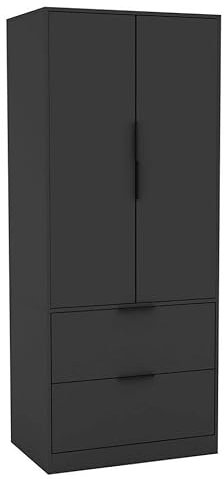 URBNLIVING 2 Door 2 Drawer Minimalist Bedroom Black Wardrobe Storage & Hanging Rail Modern Furniture with Clothes Shelf for Home Organiser Unit 179cm H x 74cm W x 50cm D