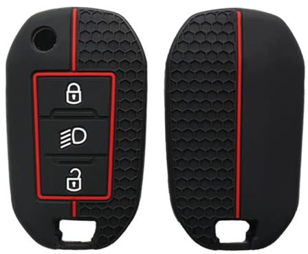 Happyit Coque de Protection de clé en Silicone pour Peugeot 208 301 308 508 5008 3008 Citroen 2010-2024 3 Buttons (Noir+ Ligne Rouge B)