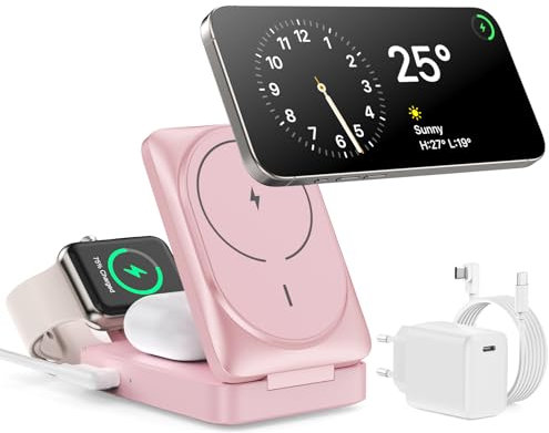 NKVND 3 in 1 Kabelloses Ladegerät, Induktive Ladestation Qi2 Wireless Charger, Mag-Safe Ladestation Faltbarer Magnetische Schnelles Ladeständer für iPhone 16/15/14/13/12 Apple Watch, AirPods