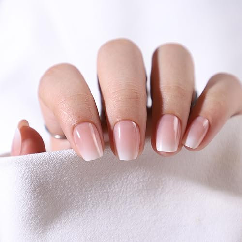 24Pcs Square False Nails Short - Pink Gradient French Tip Nude Press on Nails - French Nail Tips with Nail Glue, Stick on Nails for Women Girls Nails Art
