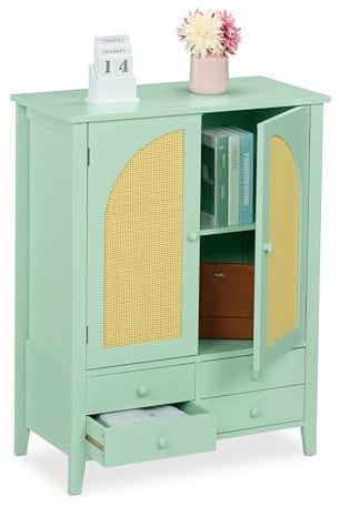 Relaxdays Sideboard, Rattan-Optik, 4 Schubladen, 2 Schrankfächer, HBT 90x70x34 cm, Wohnzimmer, Küche, Flur, türkis/Natur