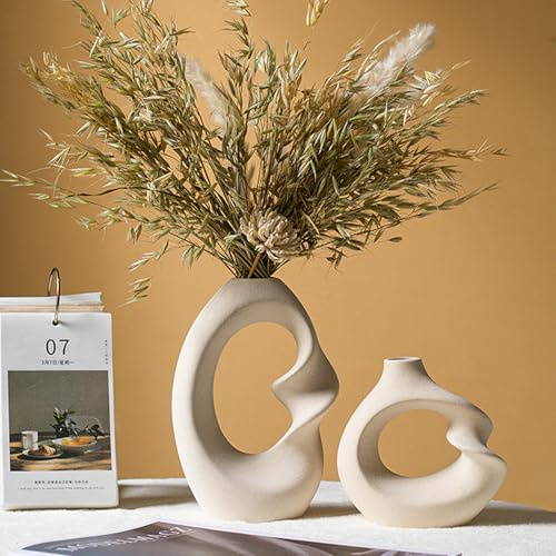 Keramik Vase, SUKIYPO 2er Set Beige Moderne Vasen Deko Schlafzimmer, Vasen Deko, ästhetische Boho Blumenvase für Zuhause, Wohnzimmer, Büro, Bauernhaus, Couchtisch Dekoration