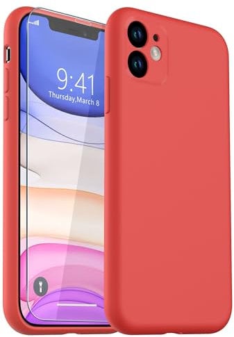 CASELIVE for iPhone 11 Case, Liquid Silicone Case with [Tempered Glass Screen Protector] Full Body Shockproof Soft Anti-Scratch Phone Case for iPhone 11 6.1 inch (Orange Pink)