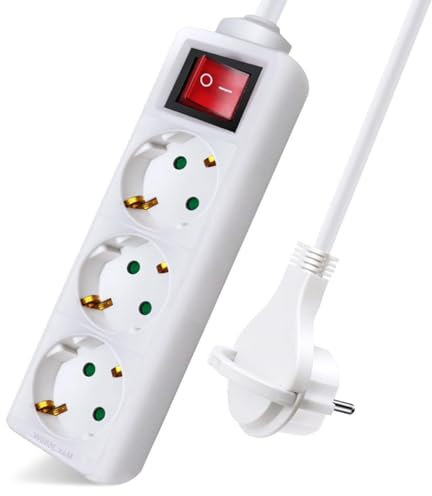 EXTRASTAR Regleta Alargador con 3 Enchufes e Interruptor, Cable 3M Clavija Plana, para el hogar, Oficina y Viajes, 16A, 250V, 3680W, Blanco