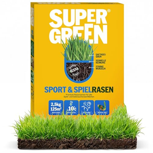 Supergreen Sport- & Spielrasen Rasensamen | 2,5kg | Premium Saatgut für belastbare, dichte Rasenflächen | Strapazierfähig & regenerationsstark | RSM Qualität & Mantelsaat® Vital | Schnellkeimend