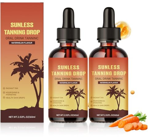 (2 Flaschen* 60ML) Bräunungstropfen zum Trinken, Selbstbräuner tropfen für Gesicht und Körper, Sunless Tanning Drops für natürliche Bräune,Natürlich und mild,Ohne Sonnenschäden, Schnelle Bräunung