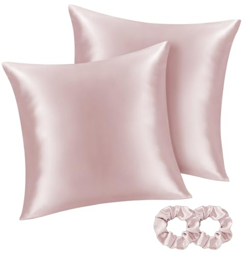BEDELITE Satin Kissenbezug 2er Set 80x80 Altrosa | Seidenkissenbezug Alternative, Weich für Sommer, 2 Haargummis inklusive, für Haar und Haut