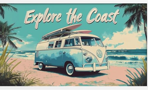 MJ-GRAPHICS® Poster VW Bulli Strand 40x20cm – Vintage Bus Surf Retro Wandbild Explore the Coast Poster Auto Meer Wanddeko Sommer Urlaub Beach Surfer Vanlife Look OHNE RAHMEN