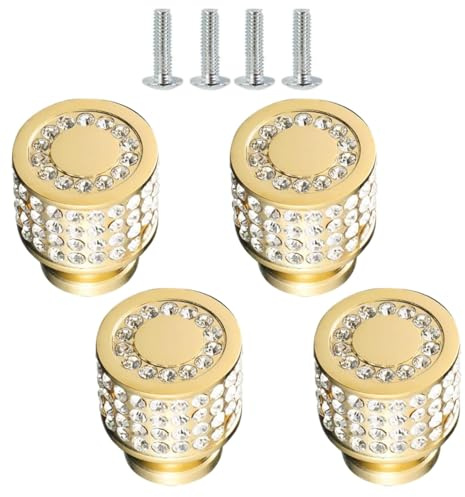 TOP-MAX 4 Stück Kristall Möbelknöpfe, Strasssteine Glitzersteine Schrankknöpfe mit Schrauben, Möbelgriffe Türgriffe für Schränke, Schubladen (Gold, Rund)