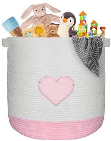 Großer gewebter Aufbewahrungskorb Baby Wäschekorb Rosa Herz Baumwolle Seil Spielzeug Aufbewahrungskorb Kinder Haustier Decke Spielzimmer Organisation für Kinderzimmer Wohnzimmer Spielzeug