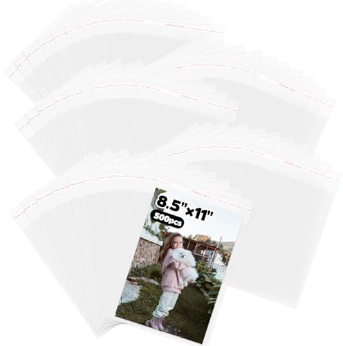 500 Pcs 8.5 x 11 Inch Self Sealing Cellophane Bags Resealable Clear Plastic Sleeves Letter Sized Paper Poly Packaging Bags for Paper Photo Mats Documents Magazine Comic Page Protectors