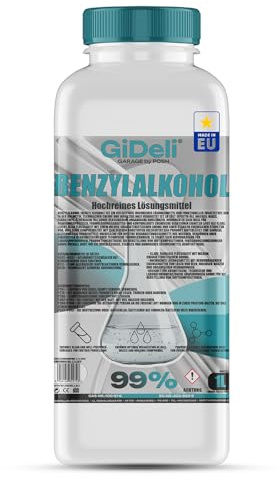 GiDeli Benzylalkohol 99,9% 1 L Harzlöser, Pinselreiniger, Lackentferner | Klebstoffentferner für Kleber- und Harzreste, löst Epoxidharz, verdunstet langsam, klar und rückstandsfrei