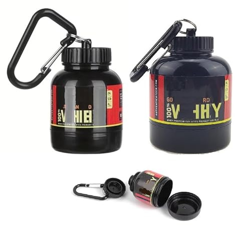 Omana Proteinpulver-Aufbewahrungsbehälter für unterwegs, tragbarer Nahrungsergänzungsbehälter mit Trichter und Schlüsselanhänger, für Reisen, Fitnessstudio, Workout, Fitness, BPA-frei (Schwarz, 100 ml