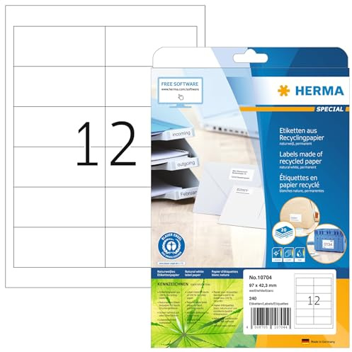 HERMA 10704 Recycling Etiketten, 640 Blatt, 97 x 42,3 mm, 12 pro A4 Bogen, 7680 Stück, selbstklebend, bedruckbar, matt, blanko Recycling-Papier Klebeetiketten Aufkleber, natur-weiß