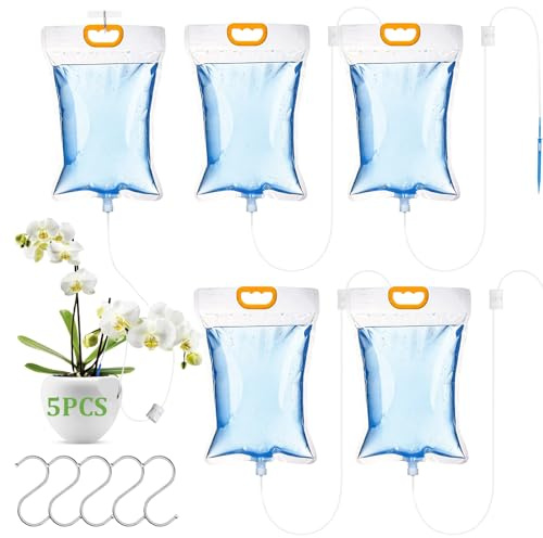 5 Pcs Drip Irrigation Bags, 3.5 L Plant Drip Irrigation Kit with Regulating Valve, Includes 5 S hooks Home Automatic Watering System, Plant Watering Devices for Indoor and Outdoor Potted Plant