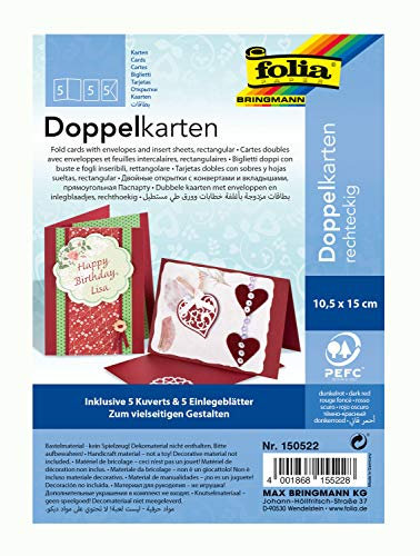 folia 150522 - Doppelkarten ca. 10,5 x 15 cm, je 5 Karten (220 g/qm), Kuverts und Einlagen, dunkelrot - ideal für Einladungen, Glückwunsch- oder Grußkarten