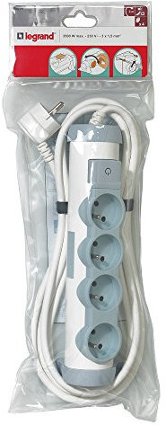 Legrand 050076 Rallonge MultiPrise 4 Prises avec Bloc de Prise Rotatif, Cordon 3m, Courant 2P+T, 16A, 230V, Blanc/Gris
