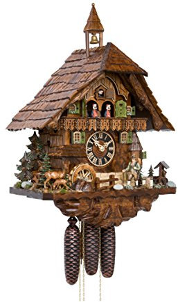 Hönes Kuckucksuhr Schwarzwaldhaus mit Waldszene und beweglichem Jäger und drehendem Mühlrad