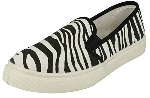 Ladies Spot On Casual Slip On Pumps - White Zebra Canvas - UK Size 4 - EU Size 37 - US Size 6