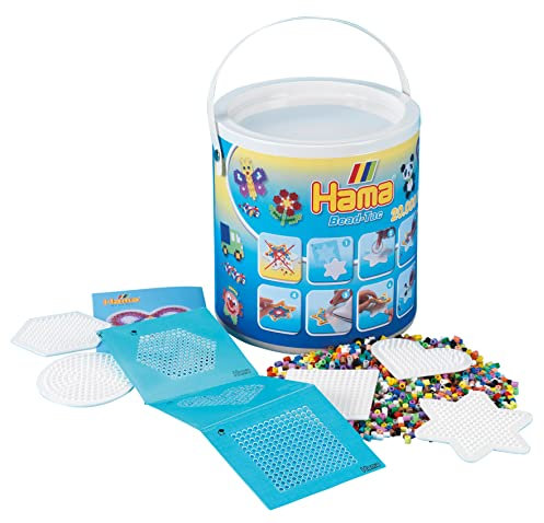 HAMA BEADS -20,000 & Pegboards in Bucket 20,000 Cuentas y tableros de Clavijas en Cubo, Multicolor, Talla única (10.7701)